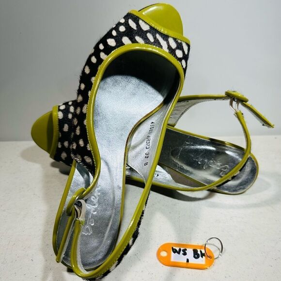 BODEN UK 6 1/2 / EU 39-8 BLACK PONY SKIN & GREEN PEEP TOE SLINGBACK - Picture 1 of 7